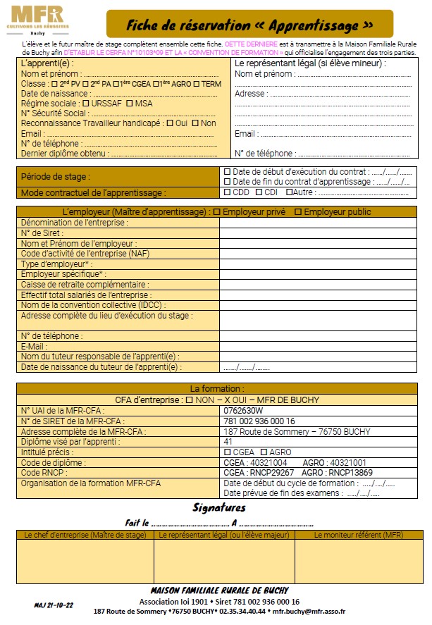 MFR de Buchy : Fiche réservation de stage / Apprentissage