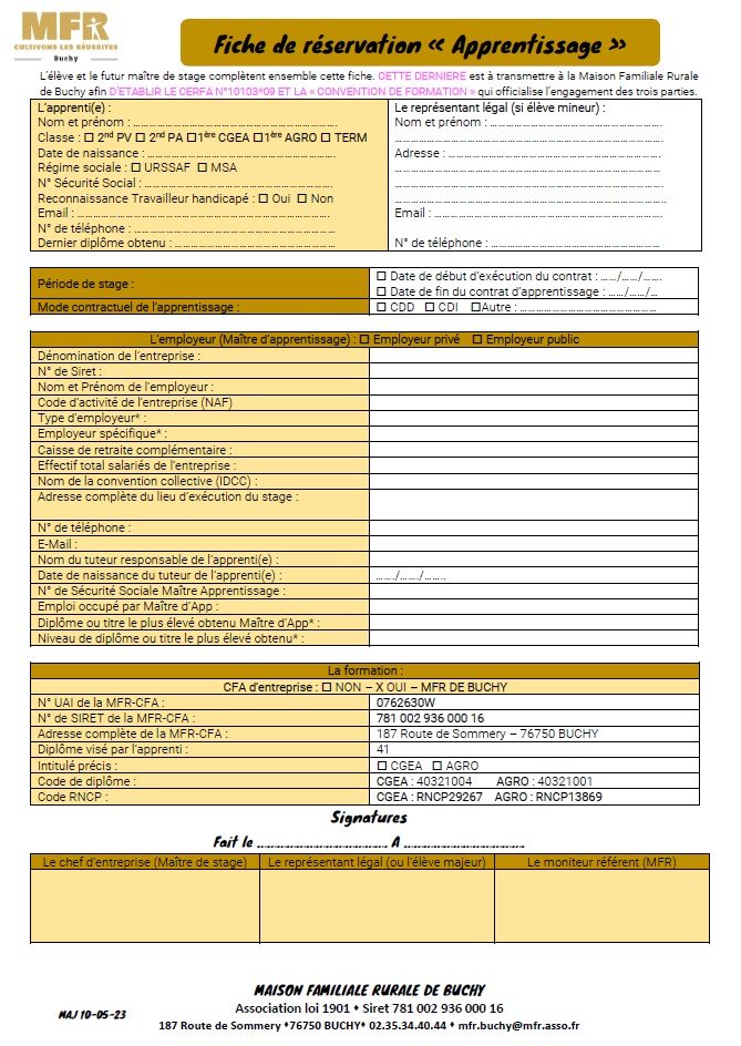 MFR de Buchy : Fiche réservation de stage / Apprentissage
